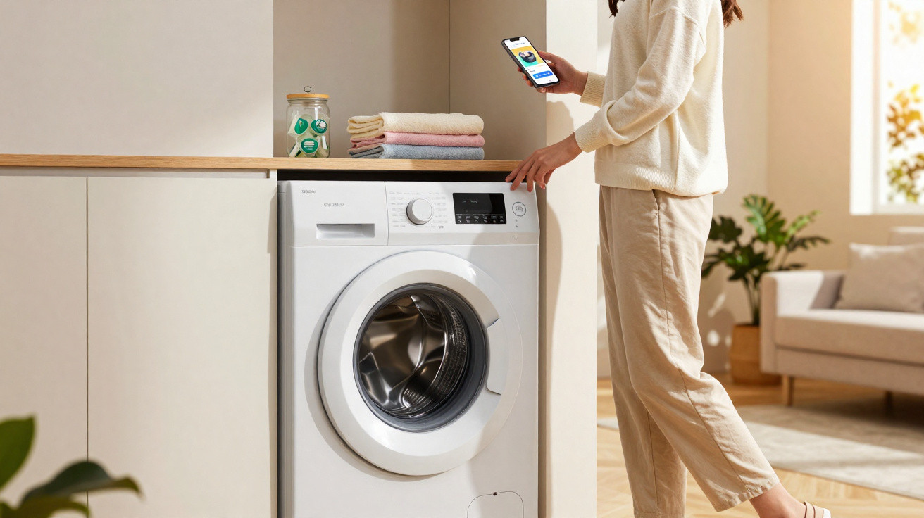 Person using smartphone app to control white front-loading washing machine in modern home laundry room