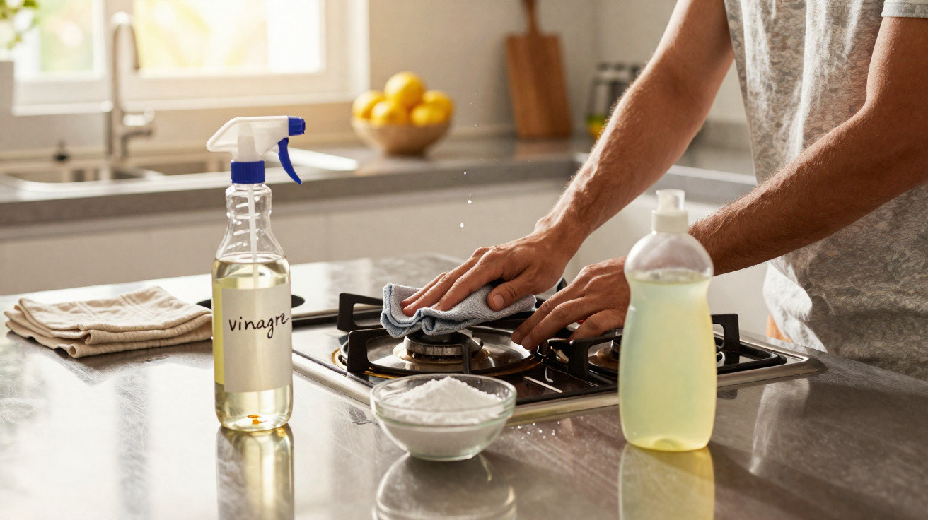Person cleaning a gas stove burner with a cloth using vinegar and dish soap on a kitchen counter.