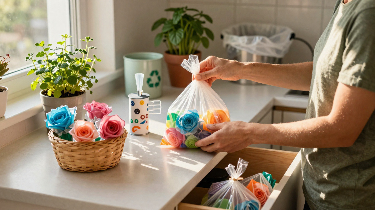 Person placing colourful reusable sponges in a plastic bag on a kitchen counter near plants and recycling bins.