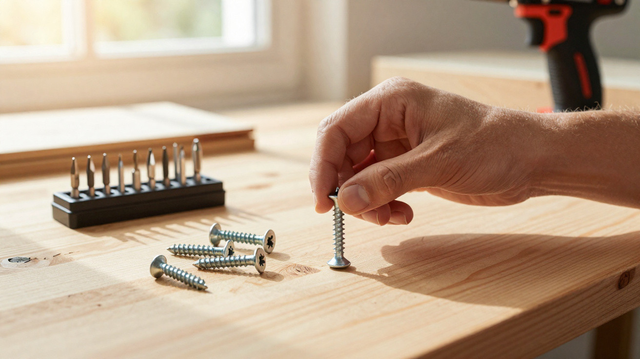 Hand holding a screw upright next to scattered screws and screwdriver bits on a wooden surface.