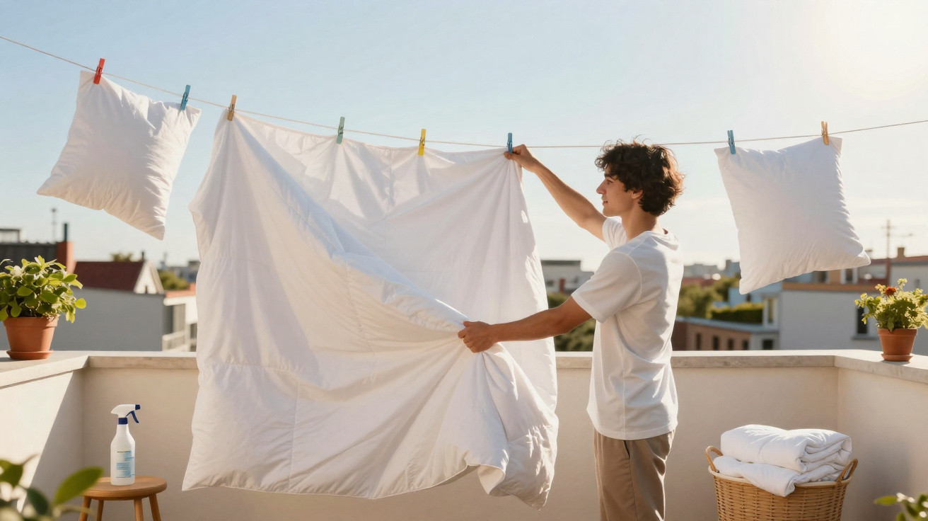 Young man hanging white bedding and pillows on a clothesline outdoors on a sunny day.