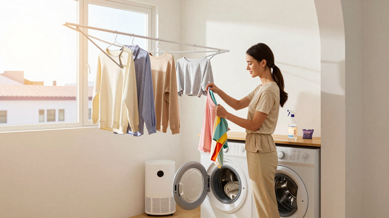 Woman hanging colourful clothes to dry beside washing machine in bright laundry room with window light.