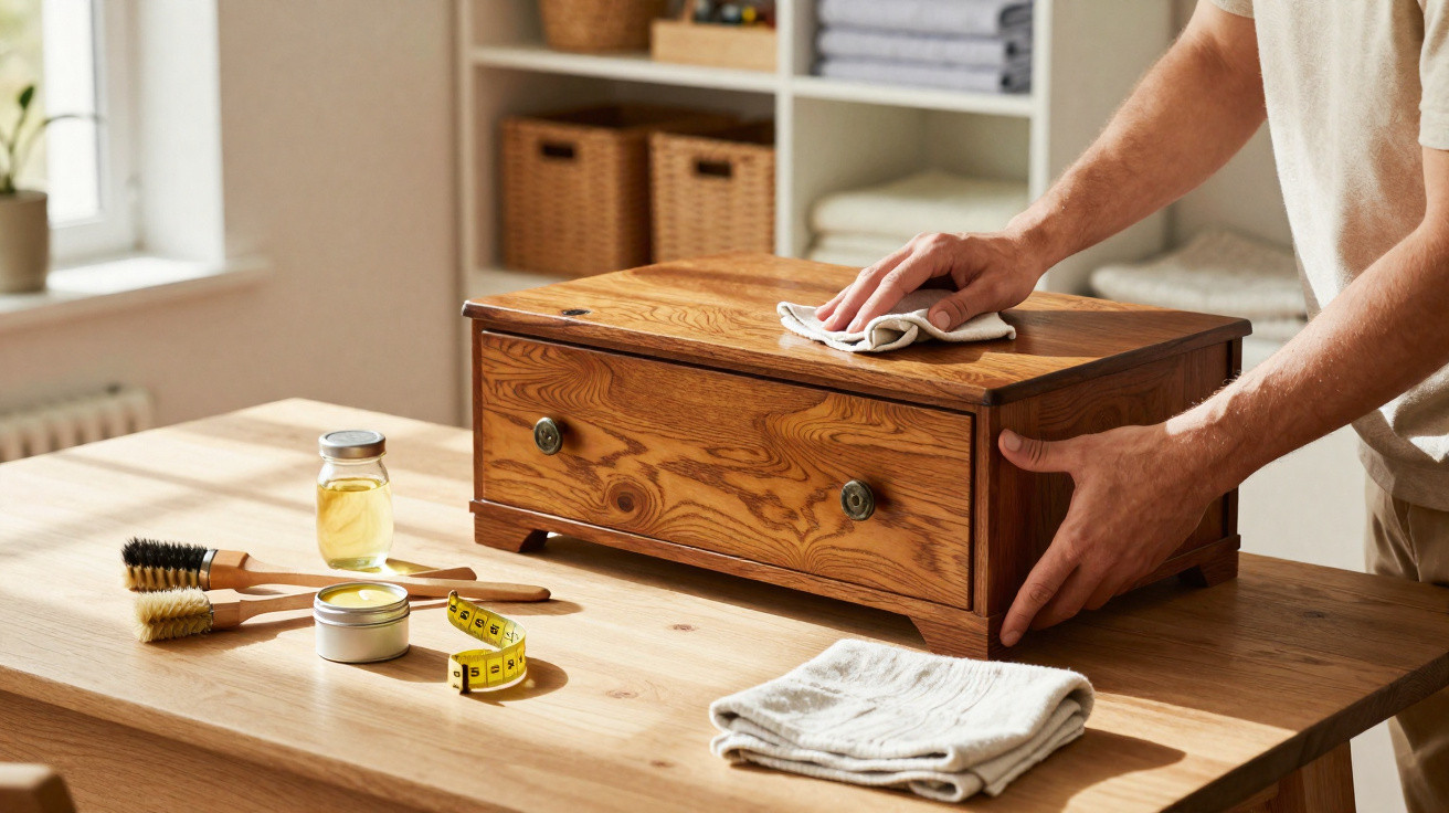 Person cleaning a polished wooden jewellery box on a table with cloth and polish supplies.