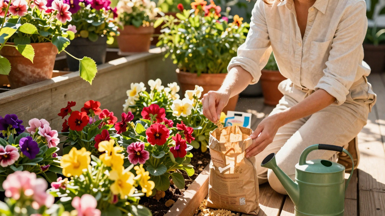 Person gardening with colourful flowers, adding fertiliser next to a green watering can on a wooden deck.