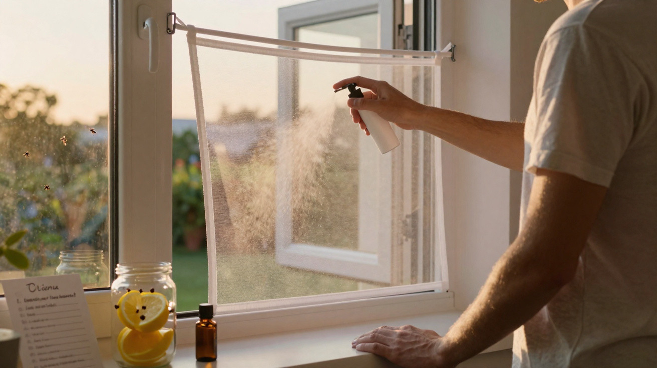 Person spraying a fine mist on a mesh window screen near an open window at sunset.