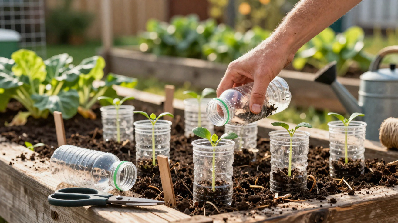 Hand placing a plastic bottle with soil over seedlings growing in plastic bottles in a raised garden bed.