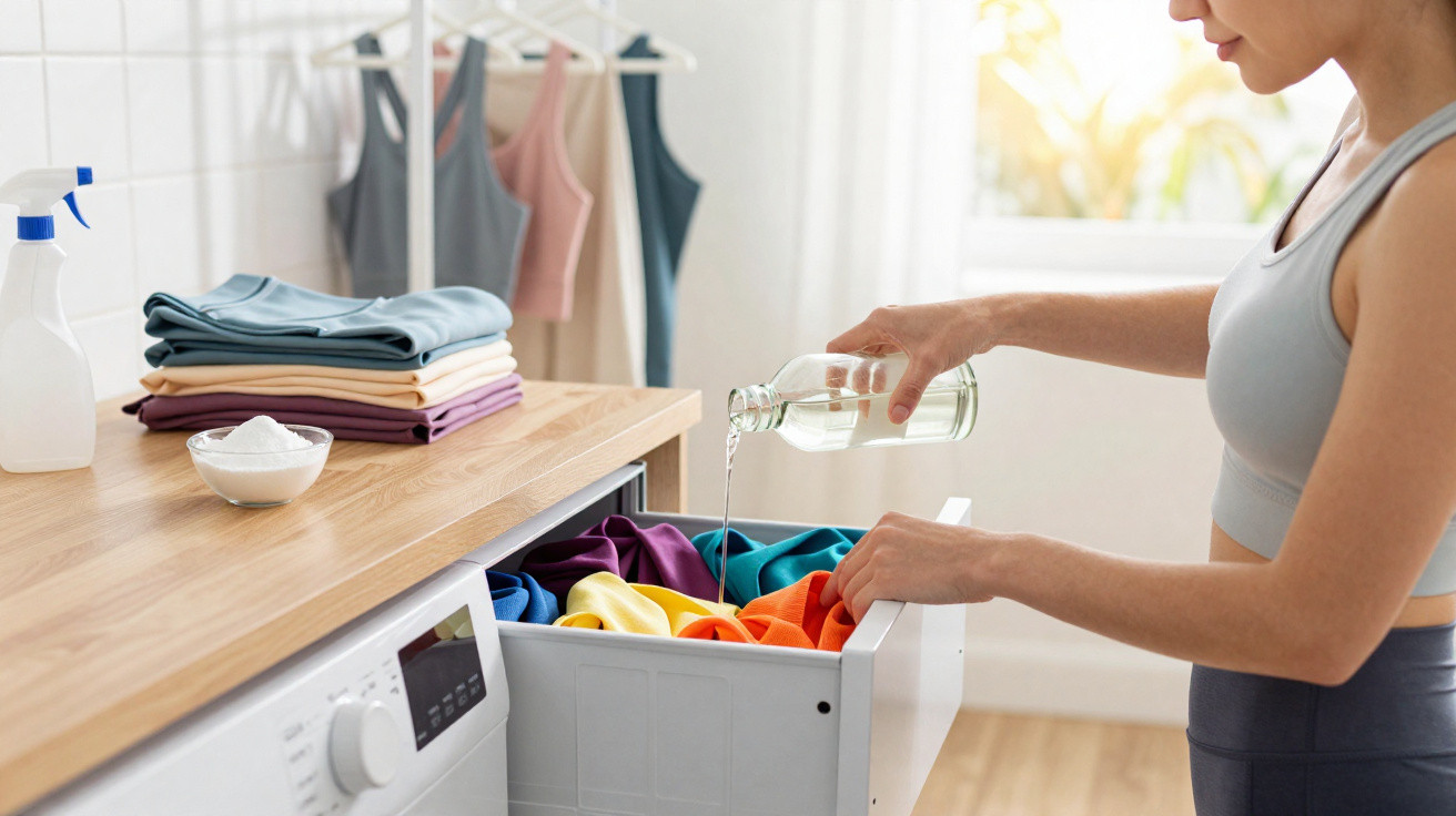 Person pouring liquid into a washing machine drawer filled with colourful clothes in a bright laundry room.