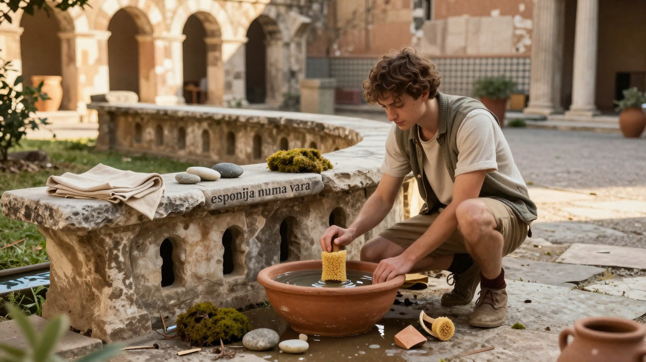 Young man cleaning a natural sponge in a terracotta basin at a rustic outdoor courtyard.