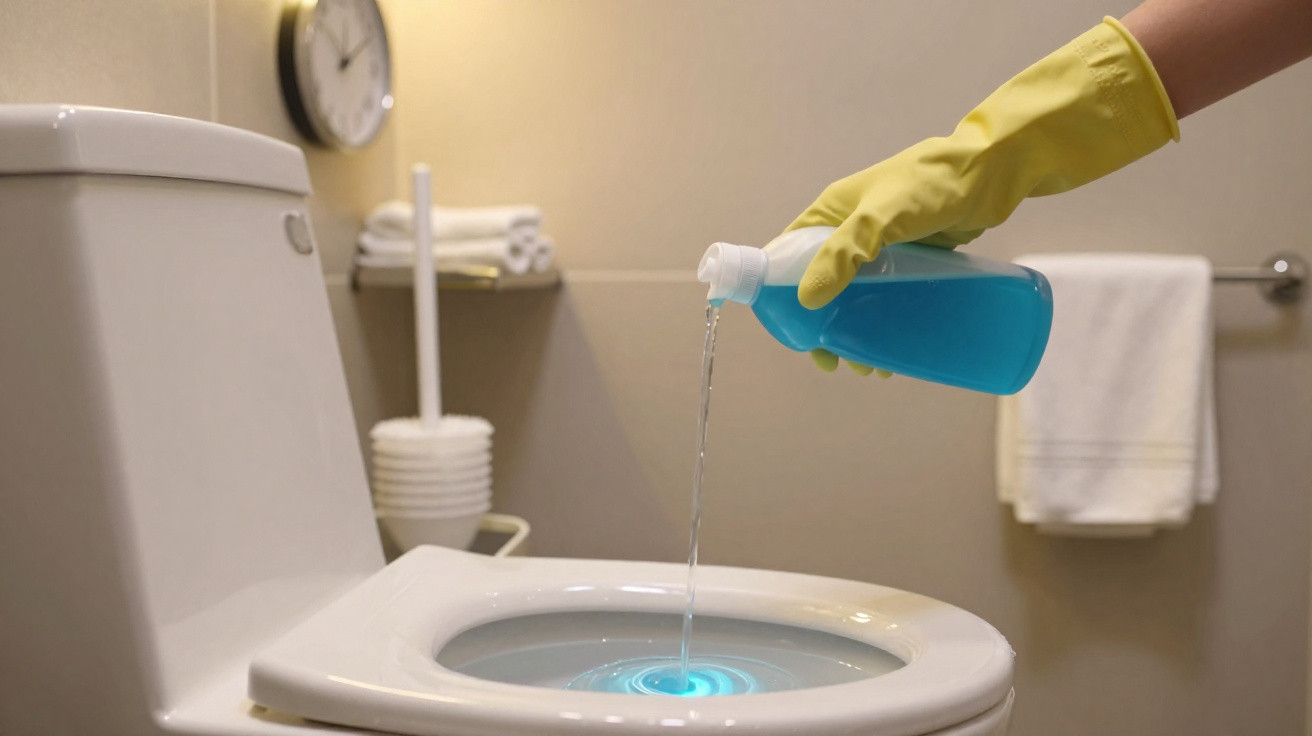 Hand in yellow glove pouring blue toilet cleaner into a toilet bowl in a bathroom.