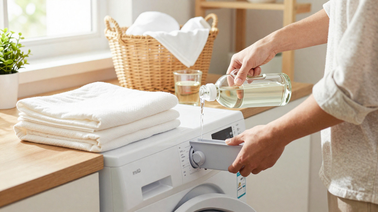 Person pouring liquid detergent into a washing machine dispenser in a bright laundry room.