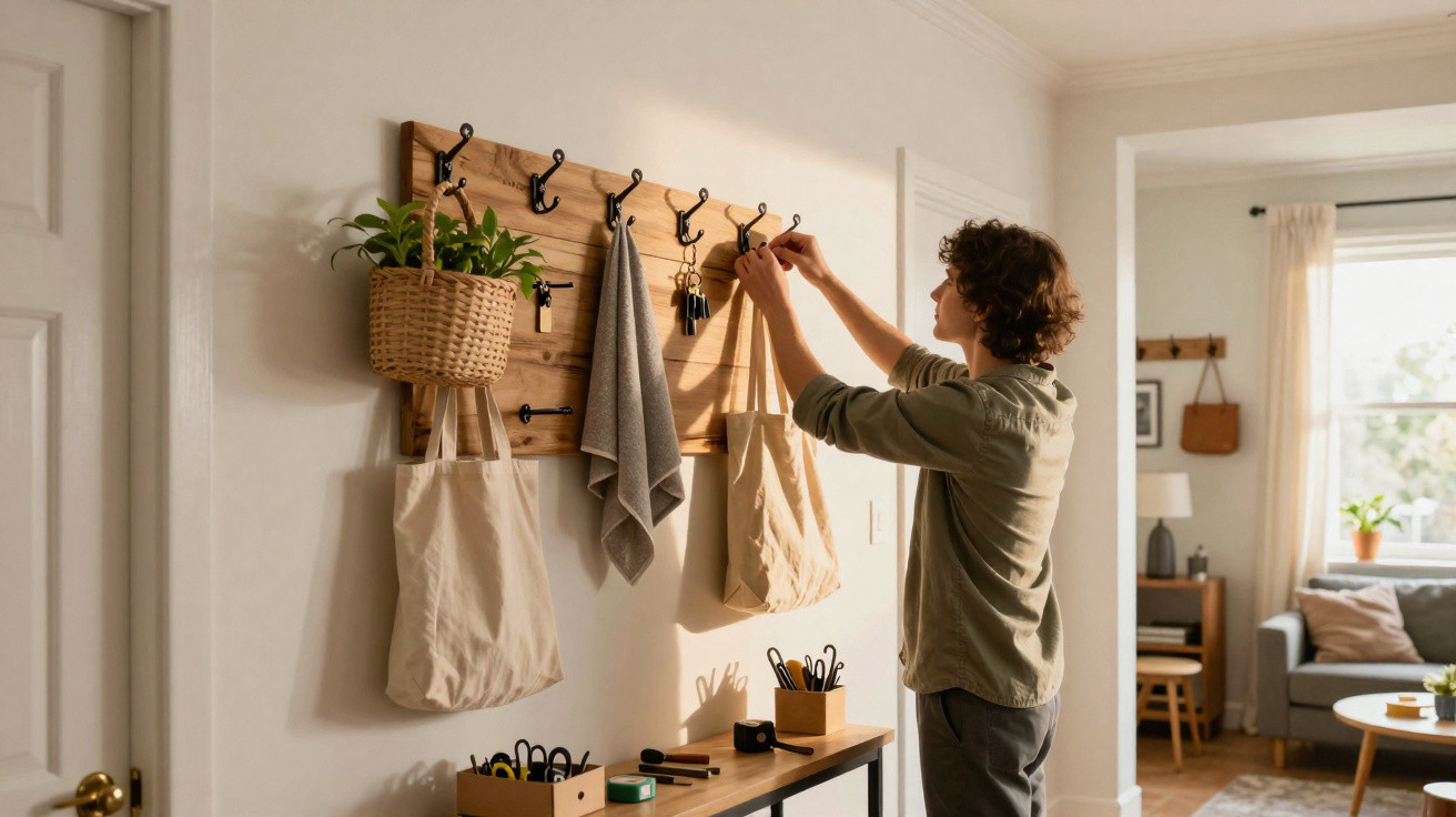 Person hanging a tote bag on a wooden wall-mounted coat rack in a sunlit hallway with plants and keys.