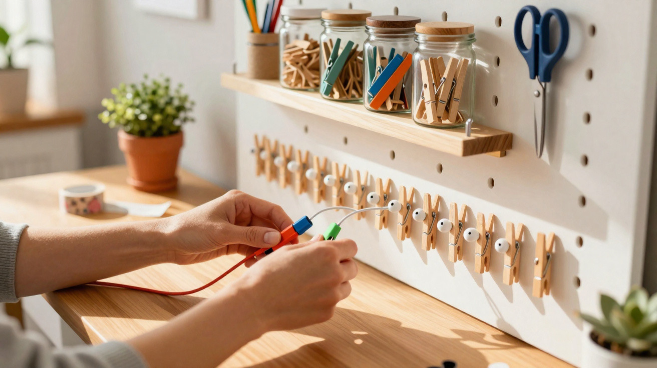 Hands plugging colourful cables into wooden clips on a pegboard with jars of clips and scissors above a wooden desk.