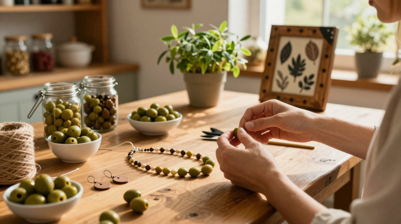 Person crafting green olive bead jewellery at wooden table with bowls and jars of olives in sunlit room