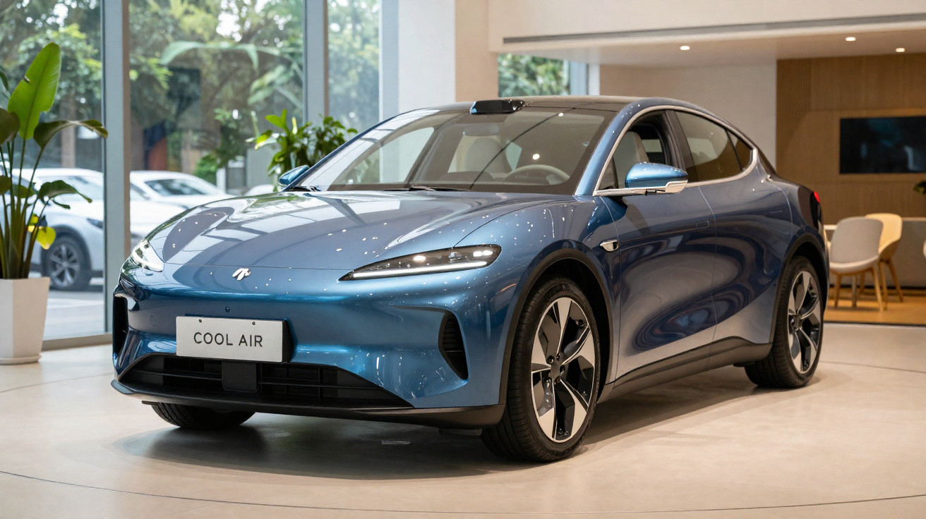 Blue Nio Cool Air electric car displayed indoors with plants and furniture in the background.