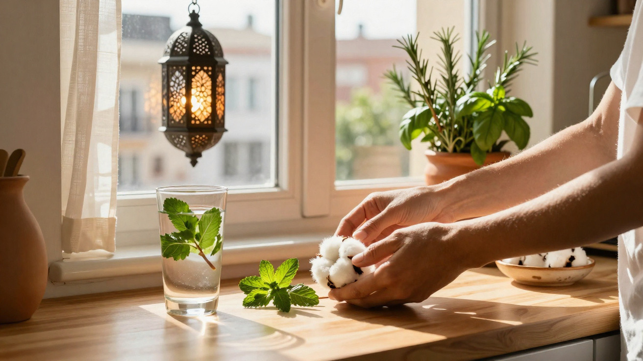Hands arranging cotton stems on a wooden kitchen windowsill with potted herbs and a lit lantern.