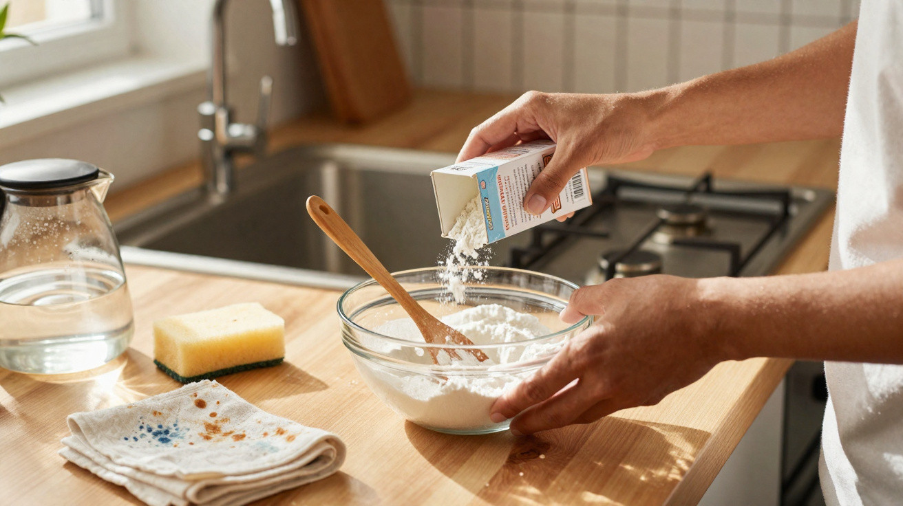 Hands pouring flour into a glass bowl with a wooden spoon on a kitchen countertop near a sink.
