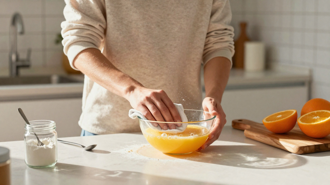 Person squeezing fresh orange juice into a glass bowl on a kitchen countertop with halved oranges nearby