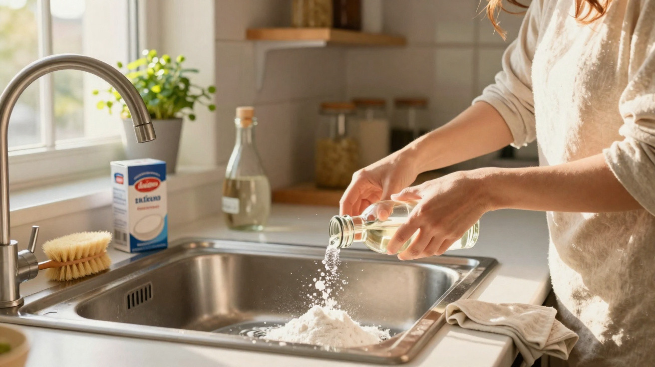 Person pouring oil into flour in a kitchen sink with natural light and plants nearby