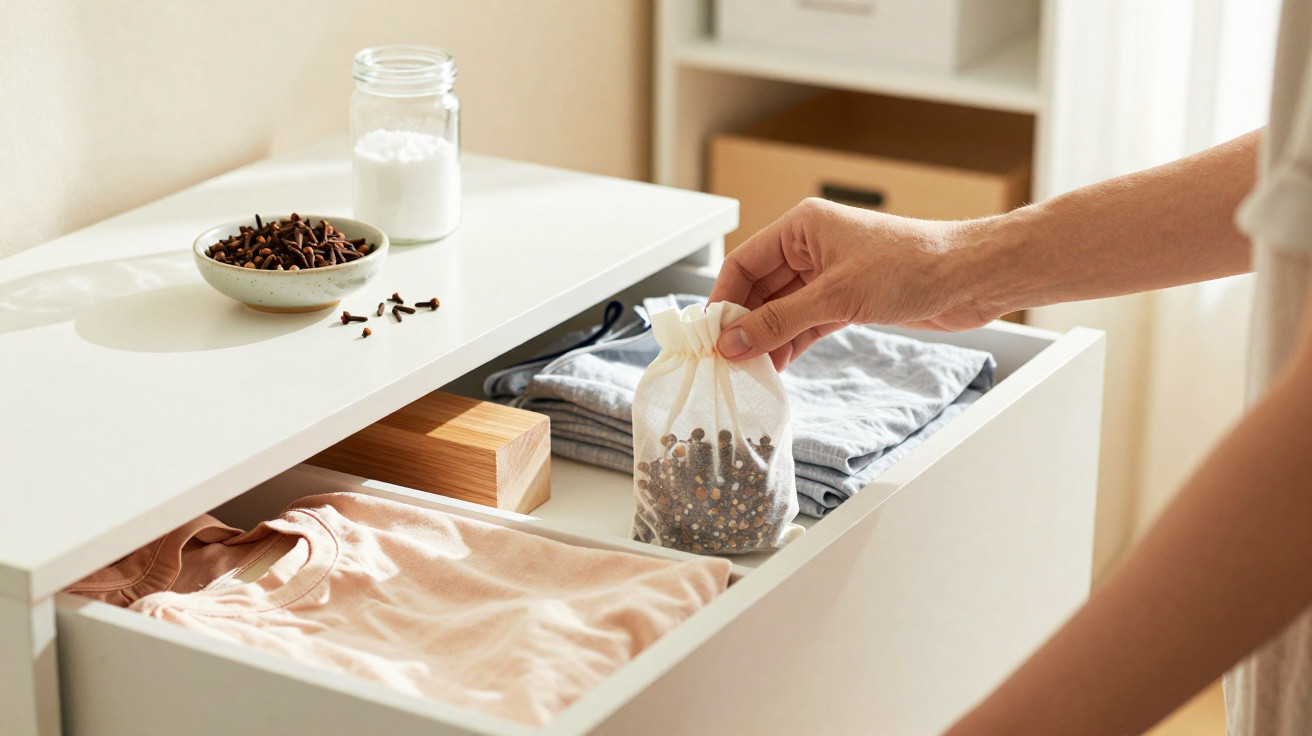 Hand placing a small cloth sachet with cloves into a drawer of folded clothes and wooden blocks.