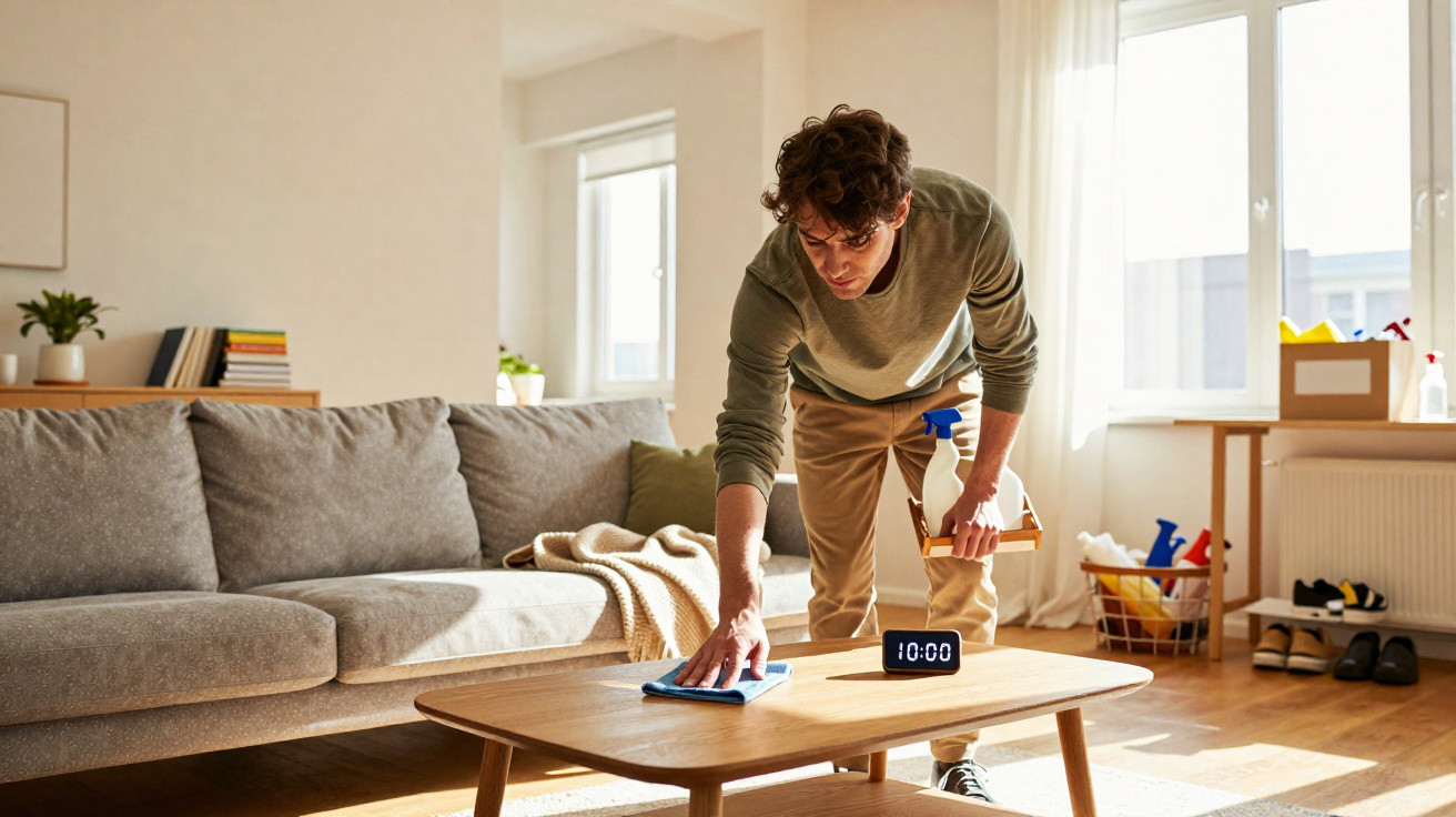 Young man cleaning a wooden coffee table in a bright living room with a spray bottle and cloth at 10:00.