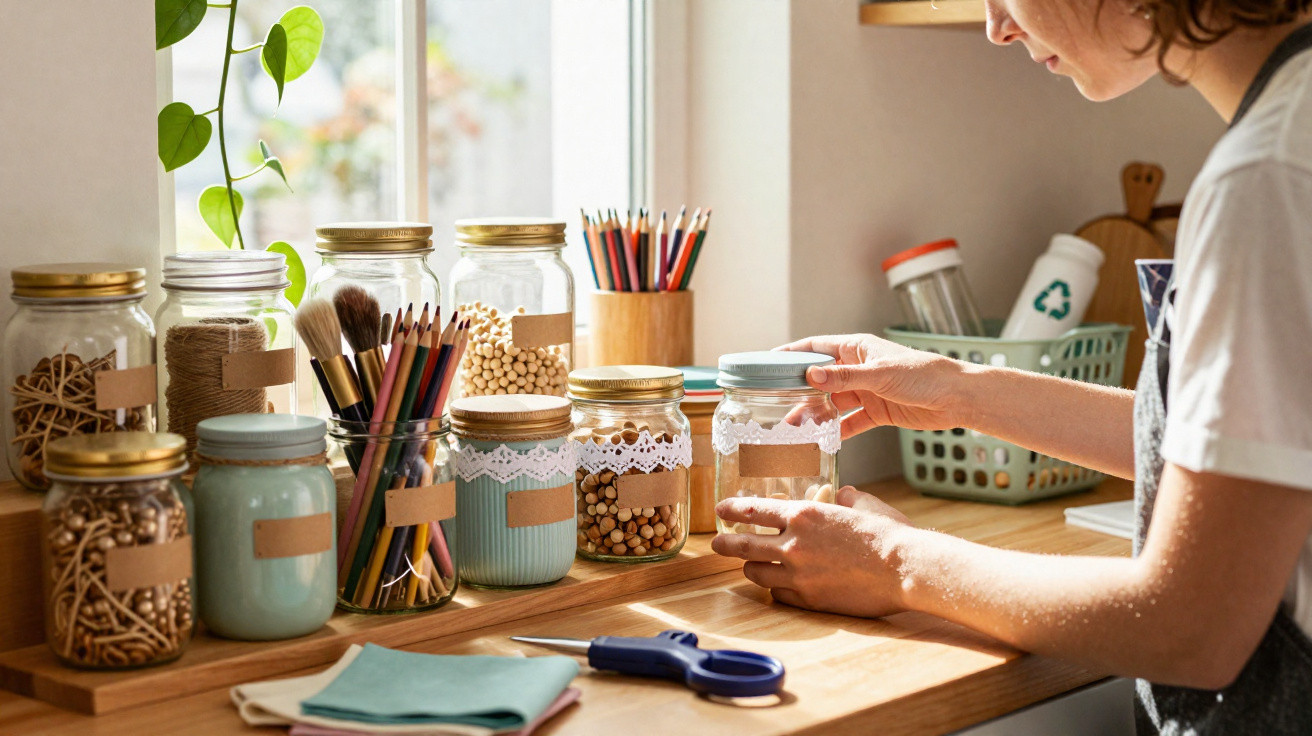Person organising craft supplies in labelled glass jars on a sunny wooden workspace by a window.