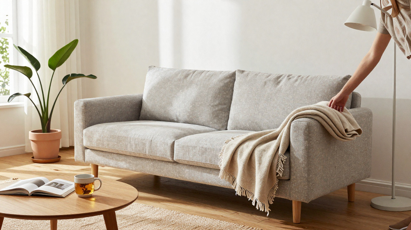Light grey sofa with beige throw in a bright living room with plant, coffee table, and floor lamp.