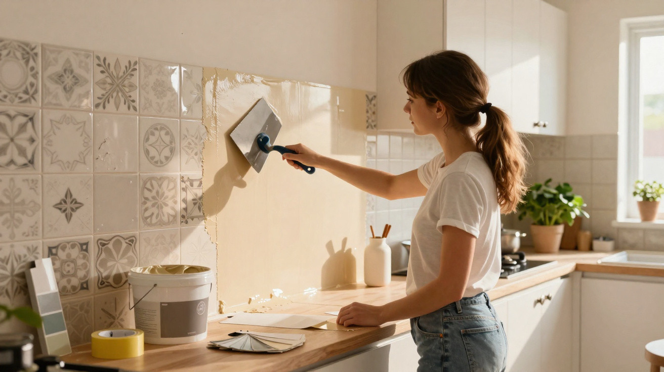 Woman applying adhesive to kitchen wall tiles during renovation in bright modern kitchen.