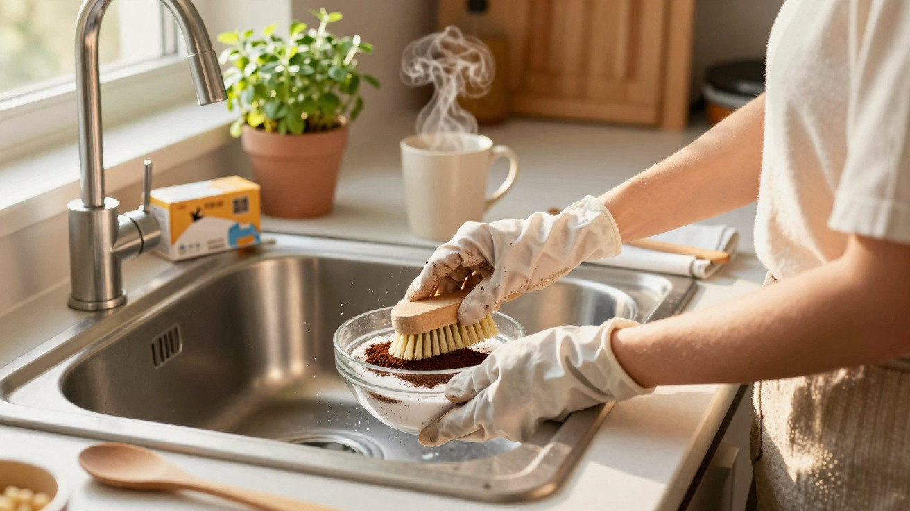 Person wearing gloves scrubs a bowl with a brush over a kitchen sink beside a steaming mug and potted plant.