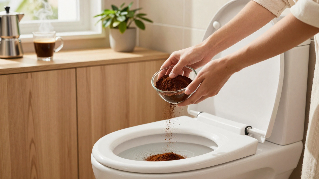 Person sprinkling ground coffee into a toilet bowl, with a coffee cup and plant in the background.