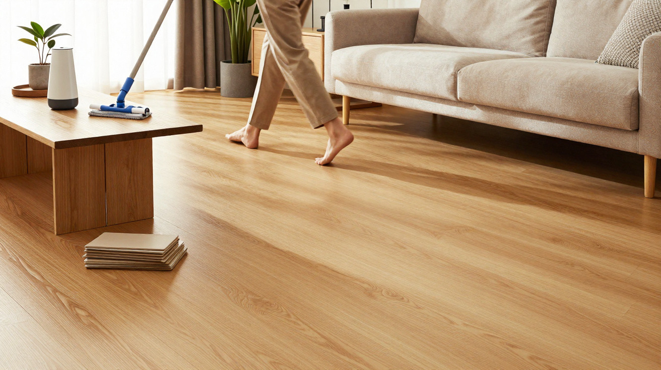 Person mopping a wooden floor in a bright living room with a beige sofa and wooden coffee table.