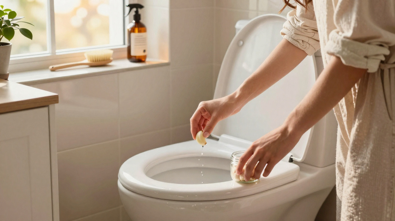 Person dropping a piece of natural cleaner into a toilet bowl in a sunlit bathroom.