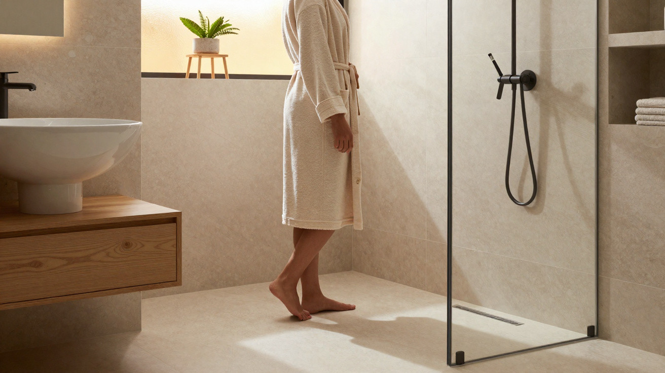 Person in a bathrobe standing barefoot in a modern beige tiled bathroom beside a glass walk-in shower.