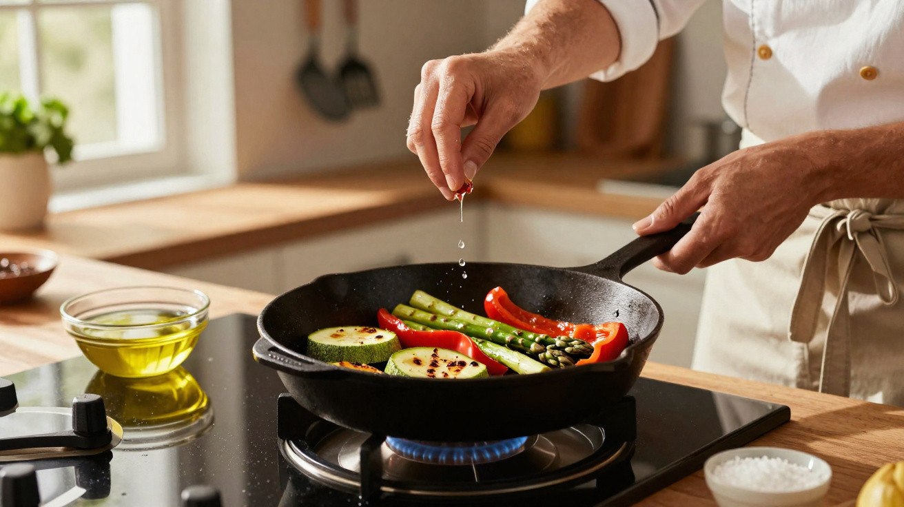 Chef seasoning vegetables including zucchini, asparagus, and red pepper frying in a cast iron pan.