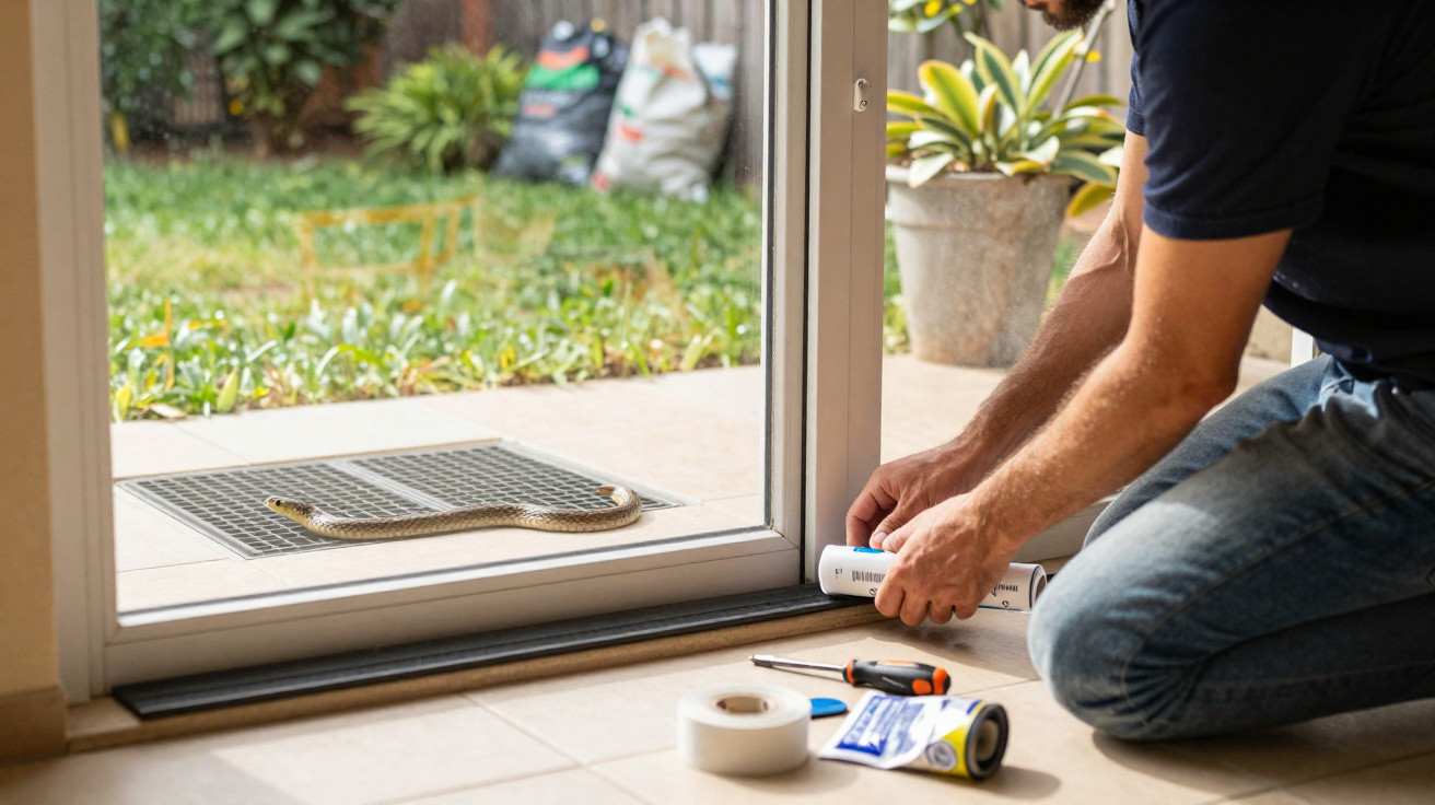 Person applying sealant to a glass door frame while a snake lies outside on a doorstep grate.