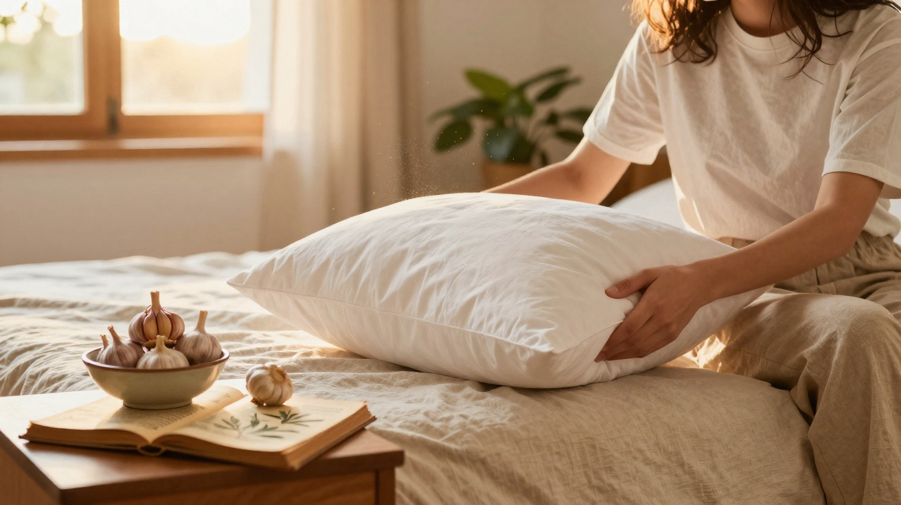 Person fluffing a white pillow on a beige bed in a sunlit bedroom with a bowl of garlic and an open book nearby.