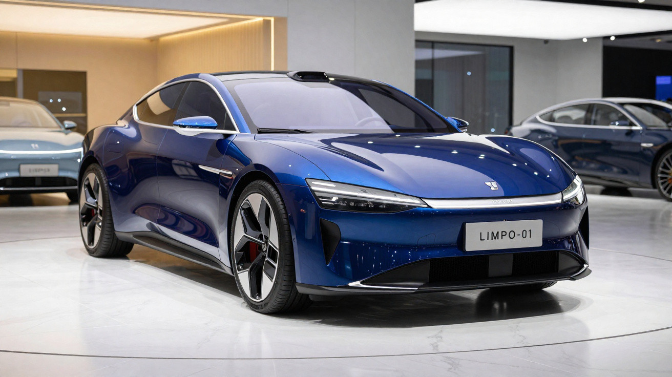Sleek blue Limpo-01 electric sports car displayed on a white showroom floor with modern lighting.