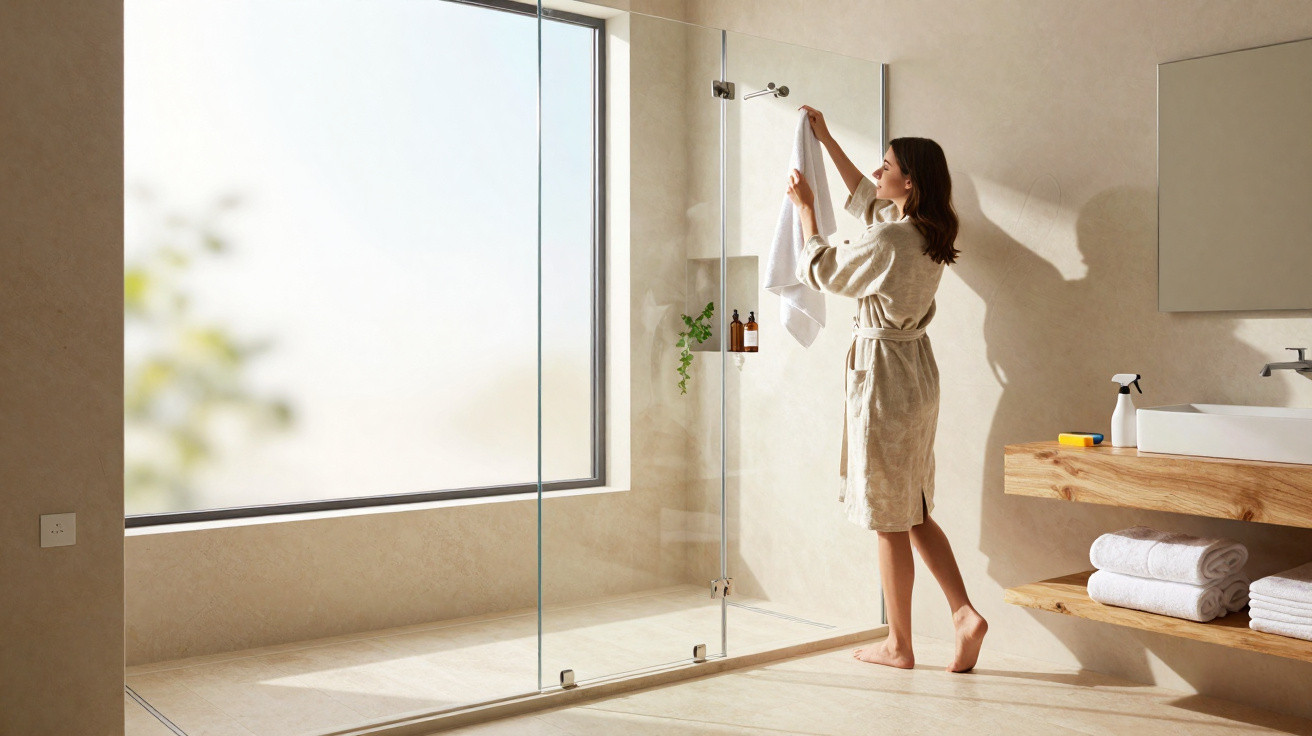Woman in a bathrobe hanging a white towel on a glass shower door in a bright modern bathroom.