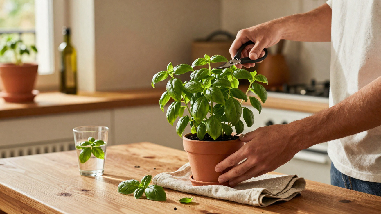 Person pruning fresh basil leaves in terracotta pot on wooden kitchen table near glass of water.