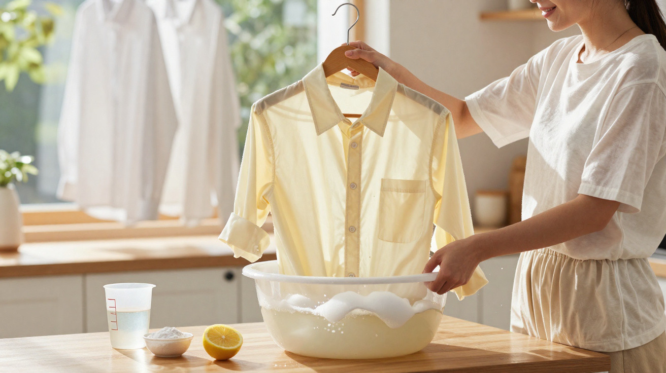 Person hand-washing a yellow shirt on a hanger with soapy water, lemon, and cleaning supplies on wooden table.