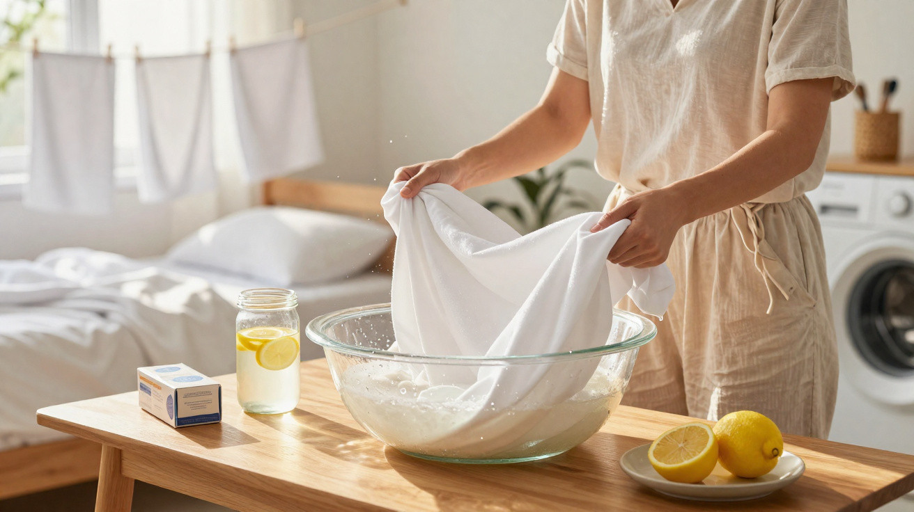 Person washing white fabric in a glass bowl with lemons and a box of detergent on a wooden table.