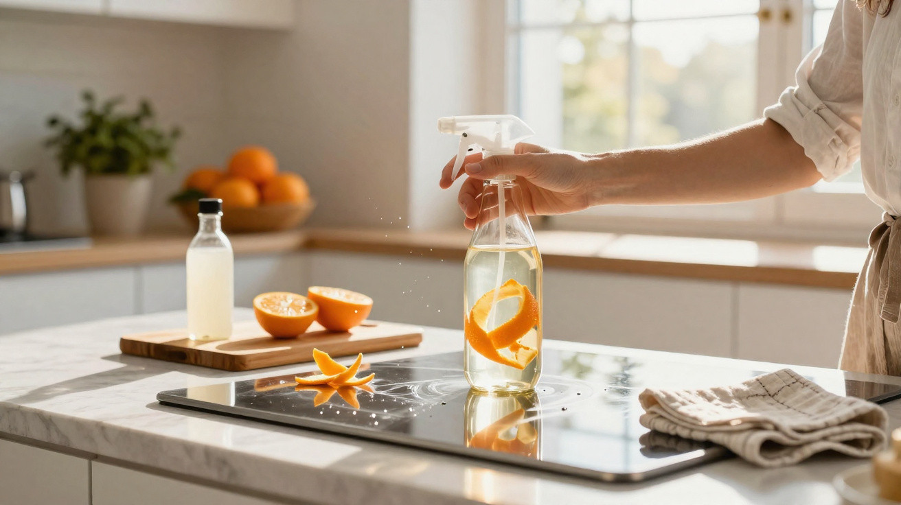 Hand spraying natural homemade cleaning spray with orange peel on kitchen countertop near halved oranges and cloth.