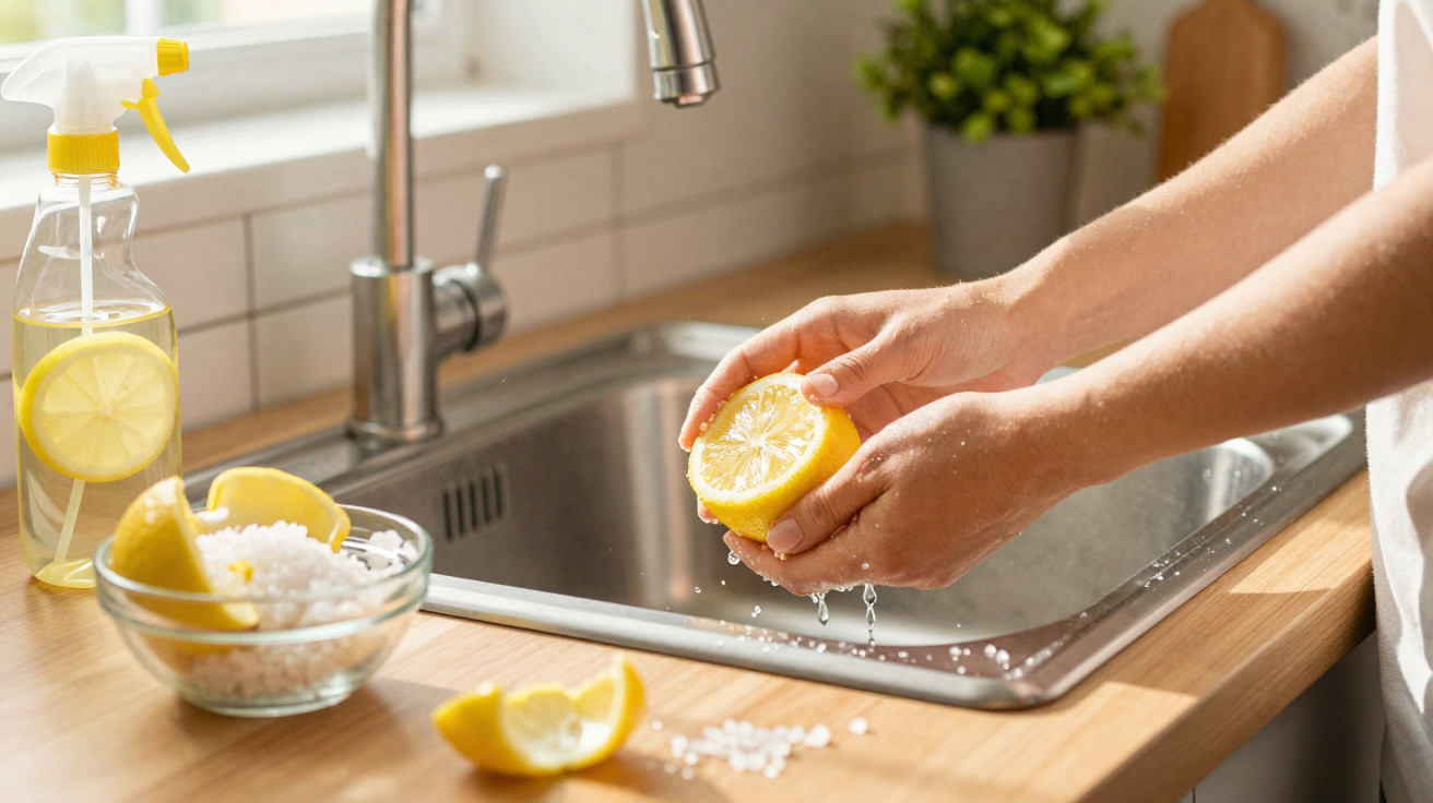 Hands squeezing lemon over kitchen sink with lemons, coarse salt, and lemon spray cleaner nearby