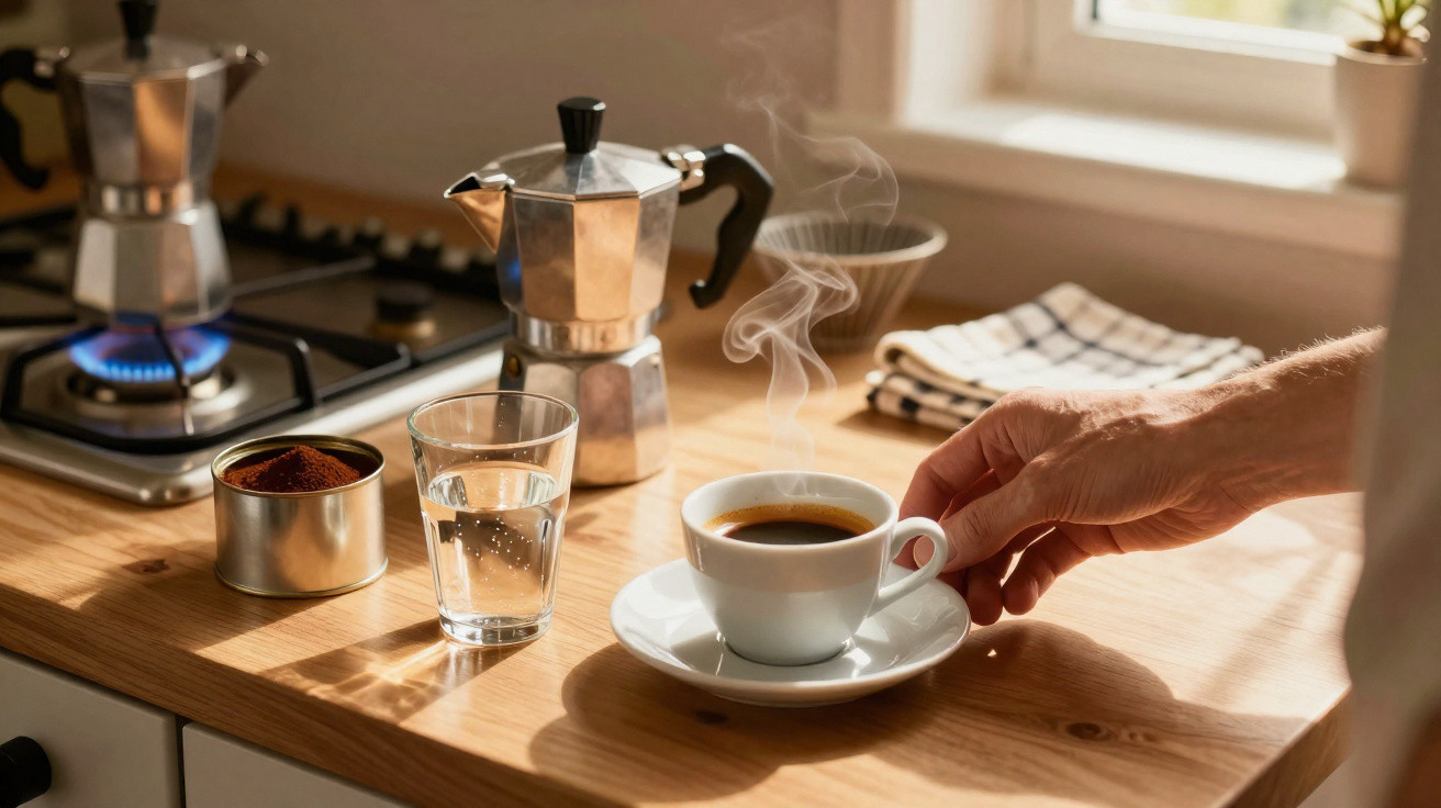 Hand reaching for a steaming cup of coffee on a wooden kitchen counter with a moka pot and glass of water nearby.
