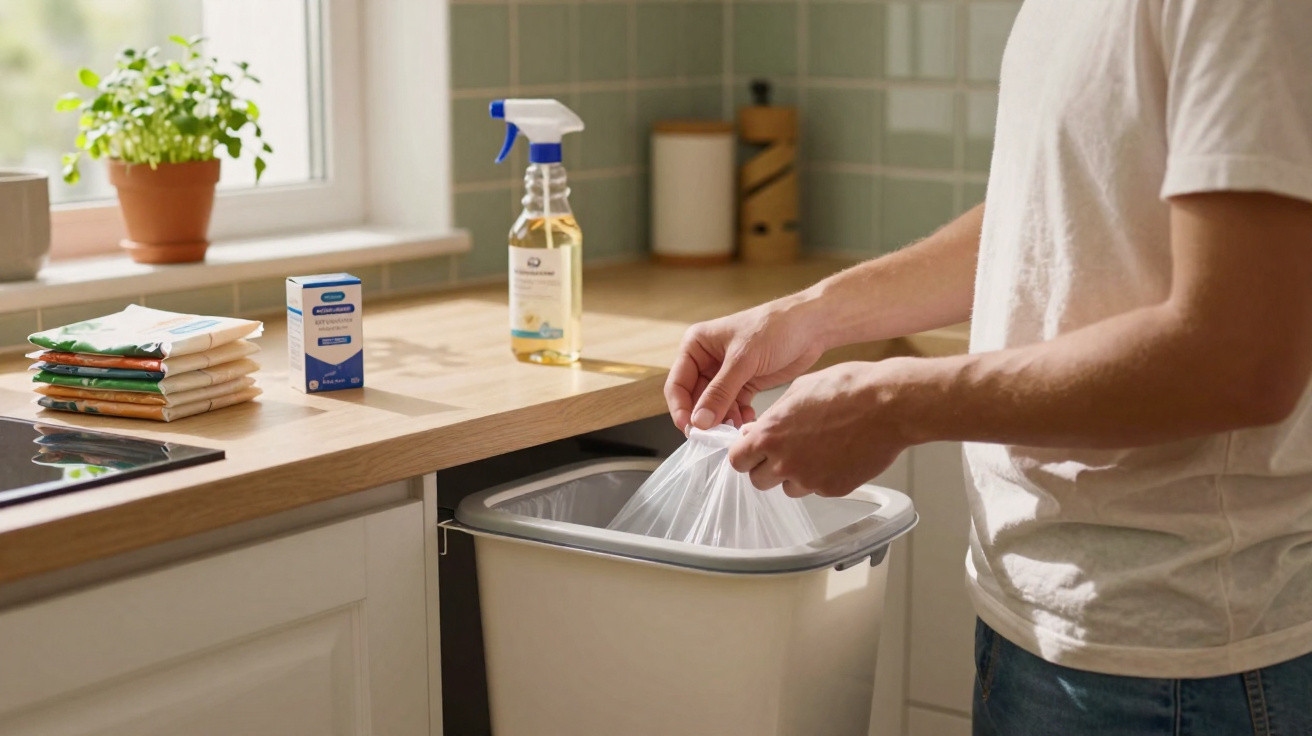 Person tying a plastic bag inside a kitchen bin next to cleaning supplies on a wooden countertop.