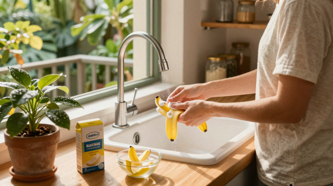 Person washing peeled bananas under a kitchen tap next to a bowl and banana-flavoured packaging on the counter.