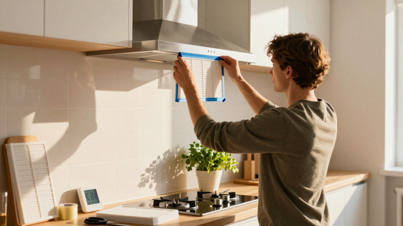 Person changing or cleaning a filter from a kitchen extractor fan in a bright home kitchen.