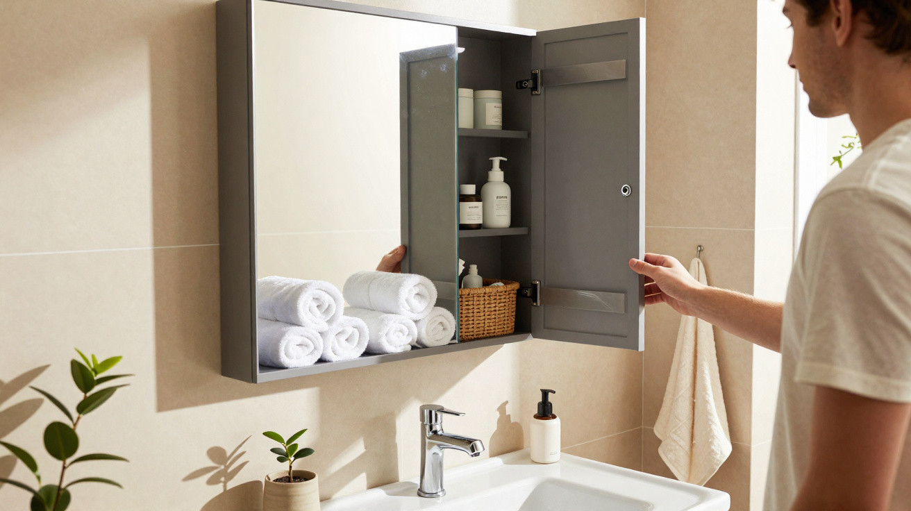 Man opening grey bathroom mirror cabinet with rolled towels and toiletries inside above white sink