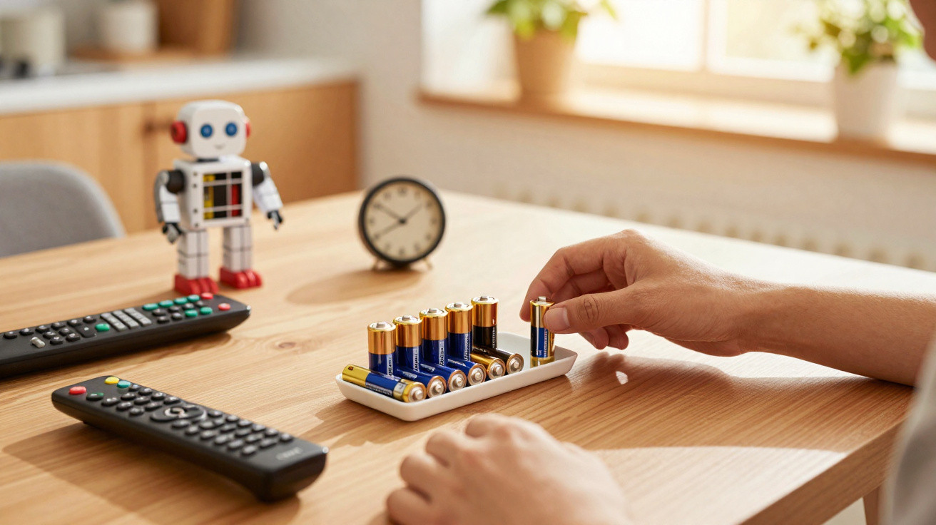 Person placing AA battery into charger on wooden table with remote controls, toy robot, and clock nearby.