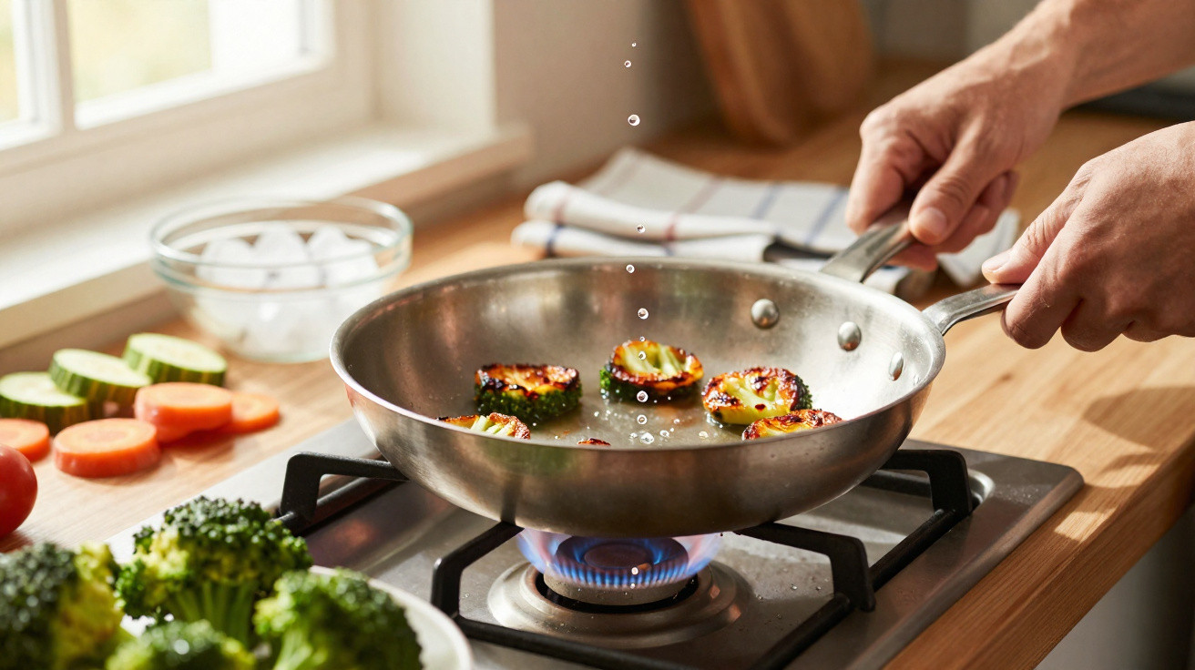 Hands cooking sliced courgettes in a frying pan on a gas stove with vegetables on the countertop nearby.