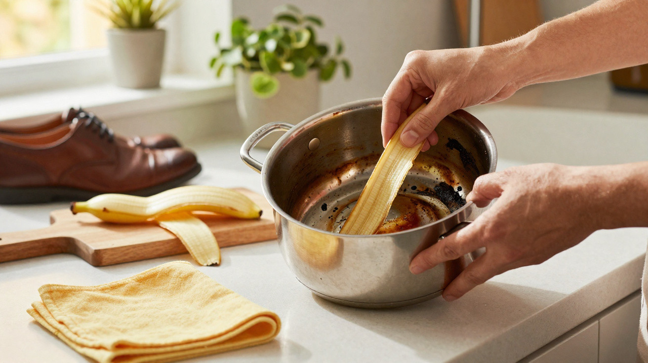 Person rubbing a banana peel inside a burnt stainless steel cooking pot on a kitchen counter.